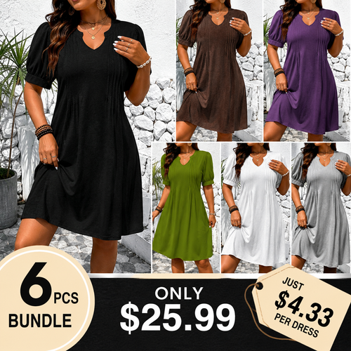 Women's Fashionable and Comfortable V Neck Bubble Sleeve Dress, Casual Loose Solid A Line Short Dress
