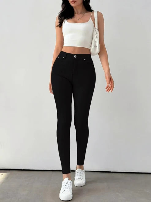 Women's Button-Fly Skinny Pants with Pockets