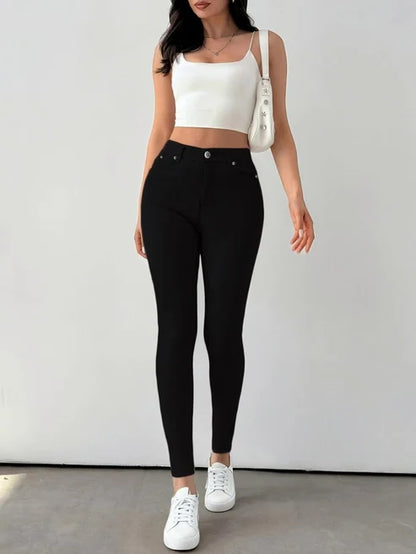 Women's Button-Fly Skinny Pants with Pockets