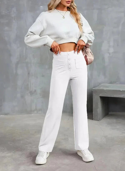 Women's High-Waisted Stretch Pants – Comfortable Straight-Leg Pants with Pockets