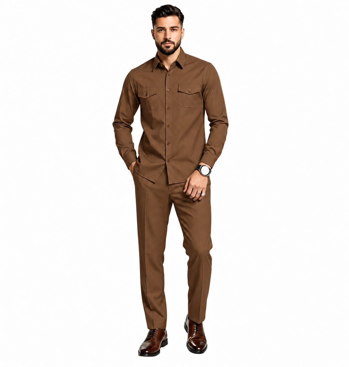 Men Two Piece Polyester Shirt Pants Set