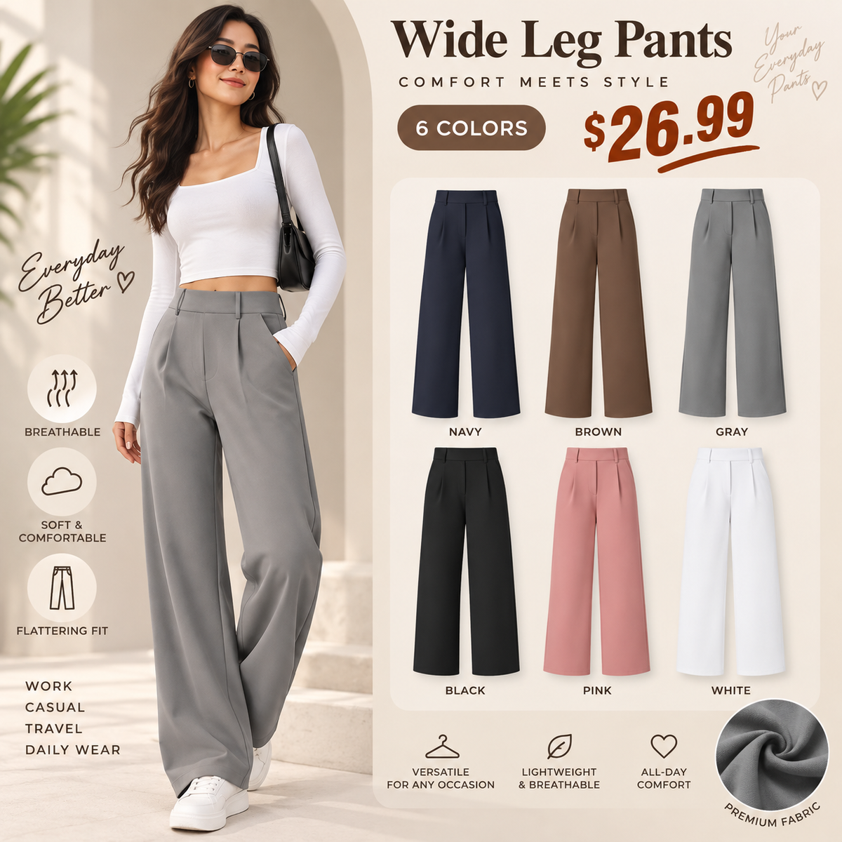 High Waisted Pocket Straight Leg Work Pants