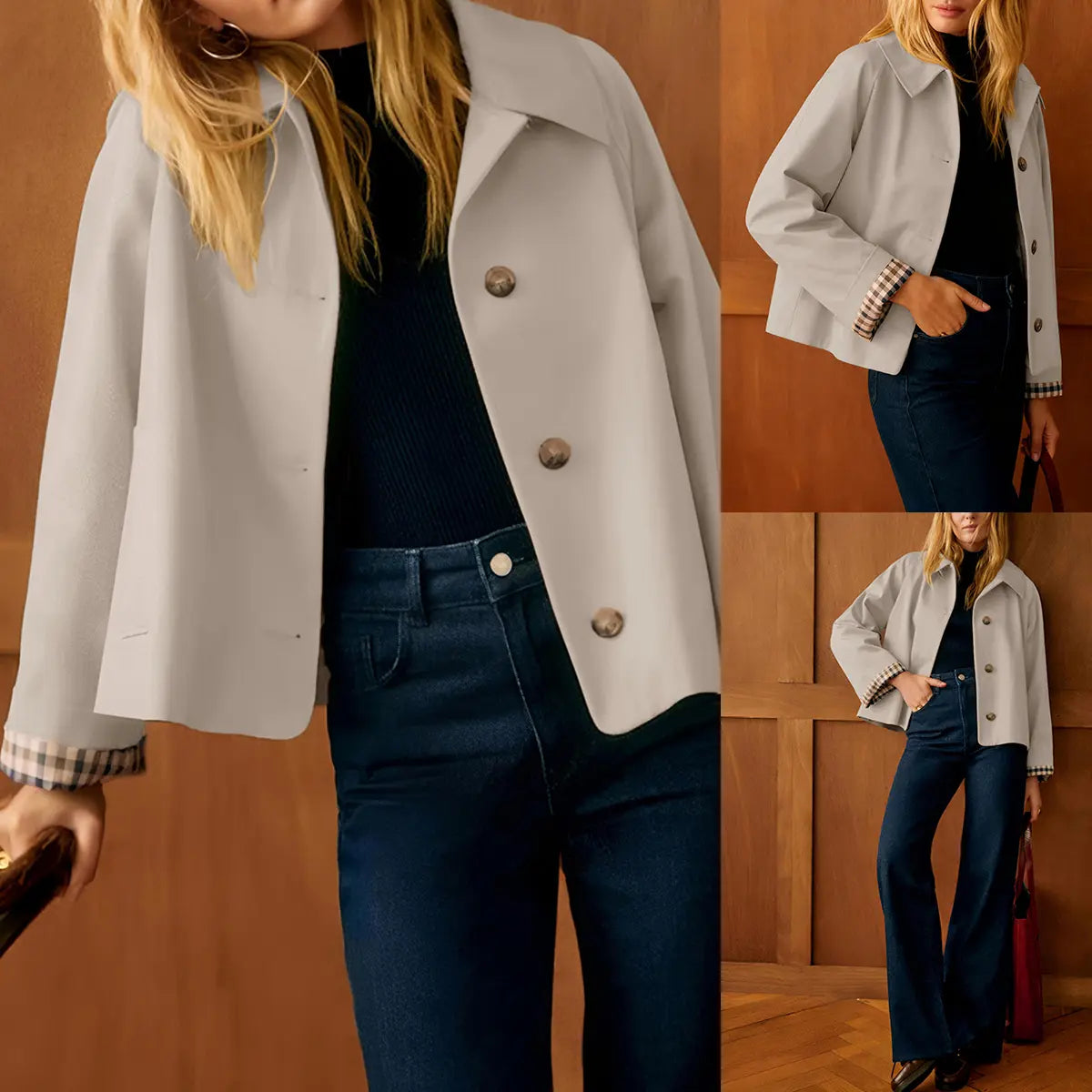 Women's Cropped Trench Jacket – Oversized Casual Coat with Checkered Cuffs