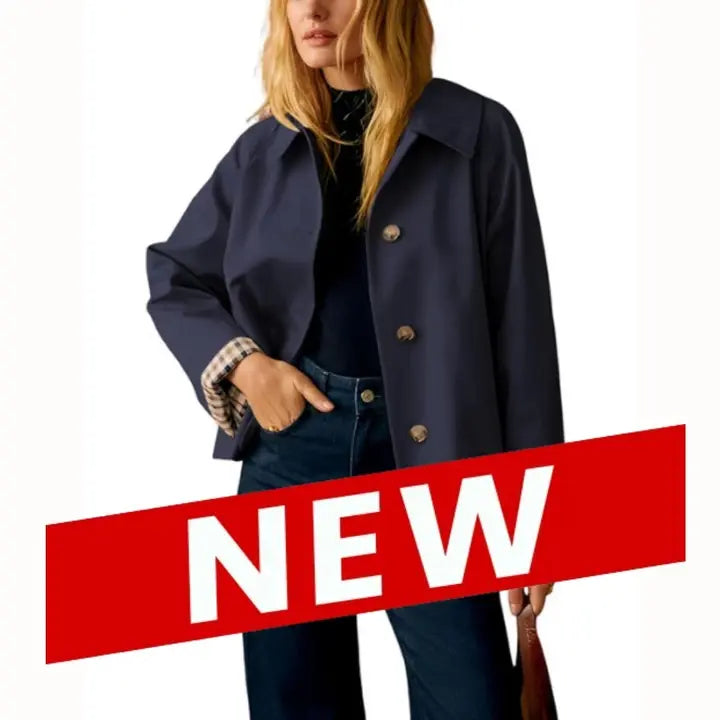 Women's Cropped Trench Jacket – Oversized Casual Coat with Checkered Cuffs