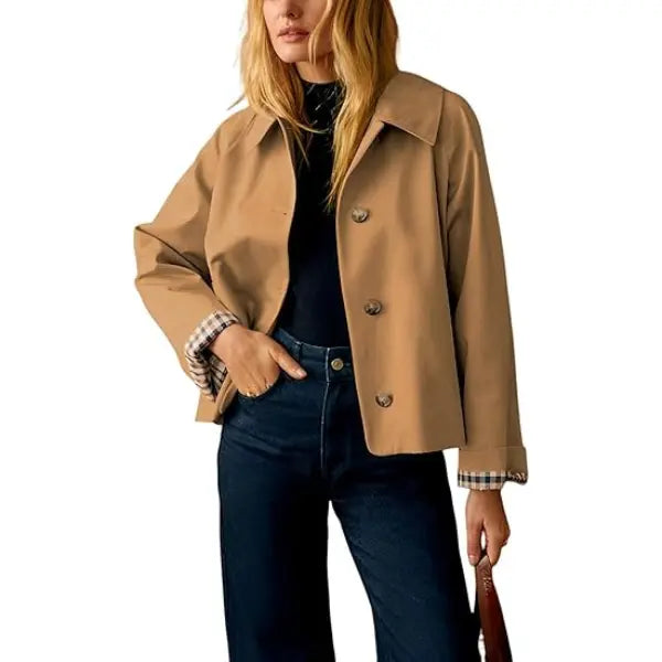 Women's Cropped Trench Jacket – Oversized Casual Coat with Checkered Cuffs