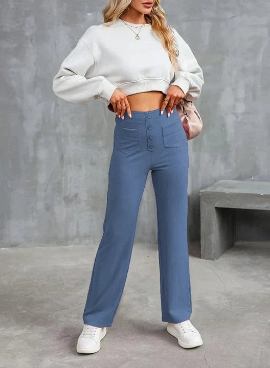 Women's High-Waisted Stretch Pants – Comfortable Straight-Leg Pants with Pockets