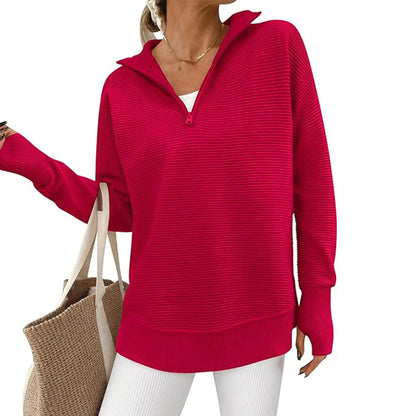 Women's Long Sleeve Quarter Zip Pullover Sweater Casual Loose V Neck Collared Ribbed Knit Jumper Tops