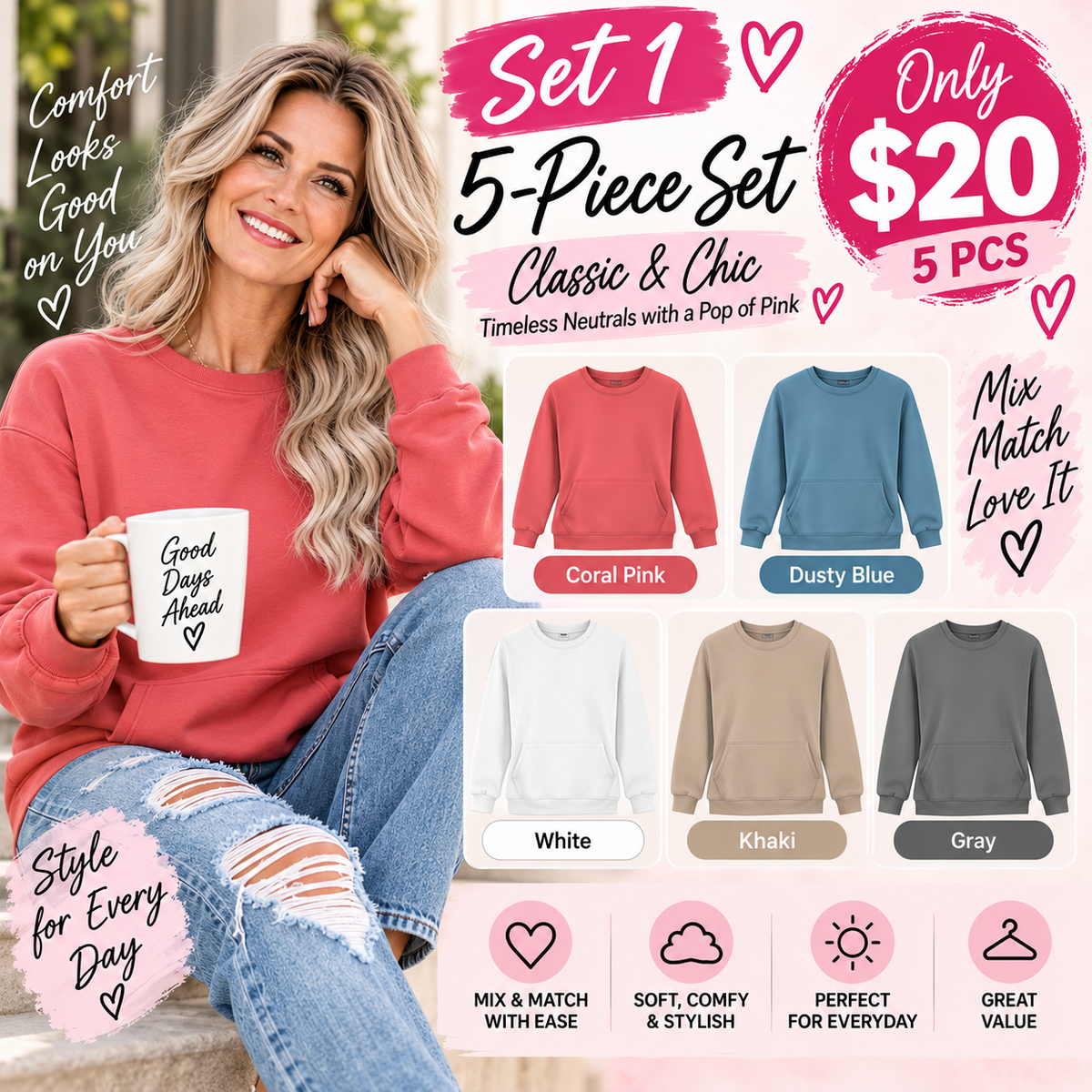 Women's Oversized Crewneck Sweatshirt with Kangaroo Pocket | Soft Fleece Pullover Casual Long Sleeve Top