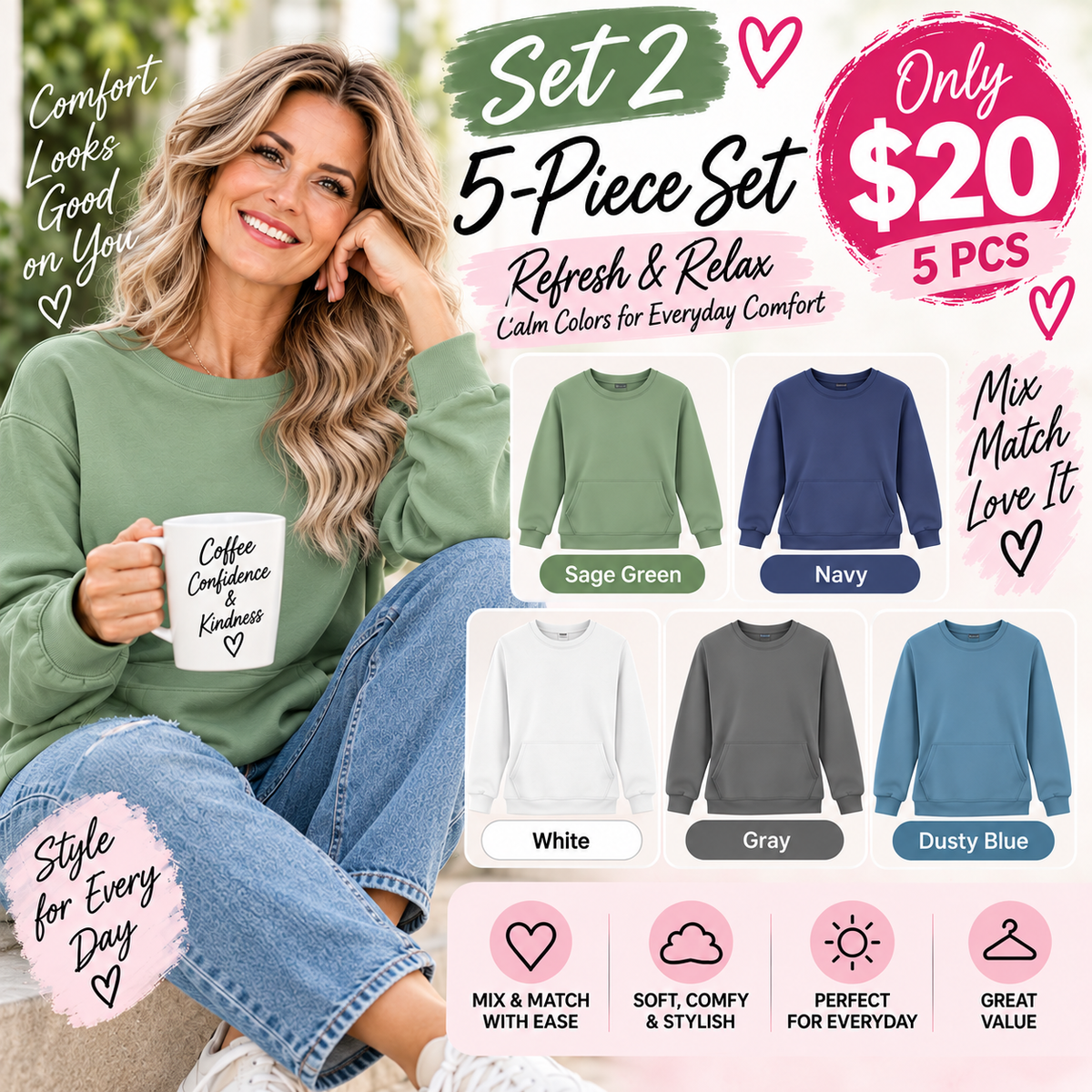 Women's Oversized Crewneck Sweatshirt with Kangaroo Pocket | Soft Fleece Pullover Casual Long Sleeve Top