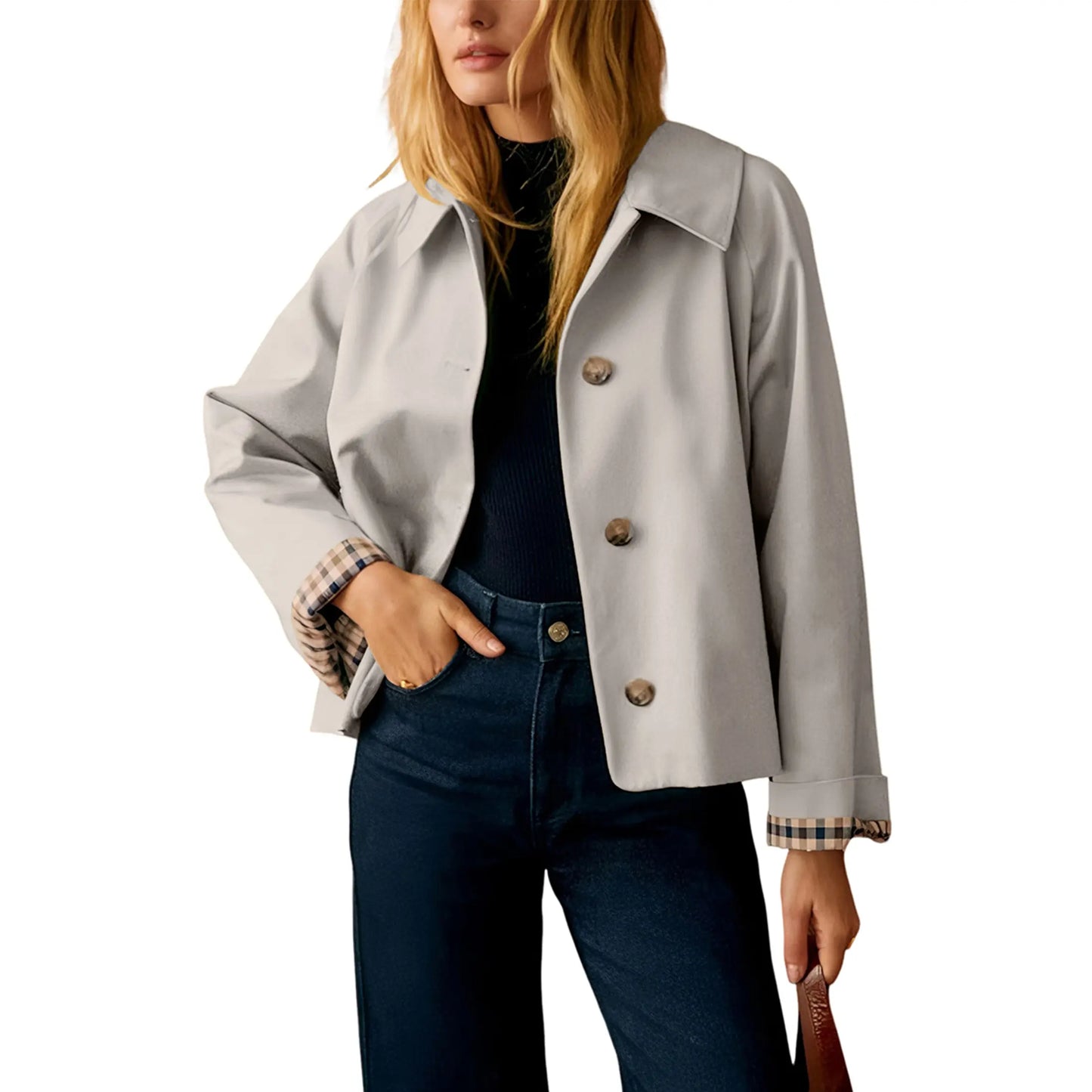 Women's Cropped Trench Jacket – Oversized Casual Coat with Checkered Cuffs