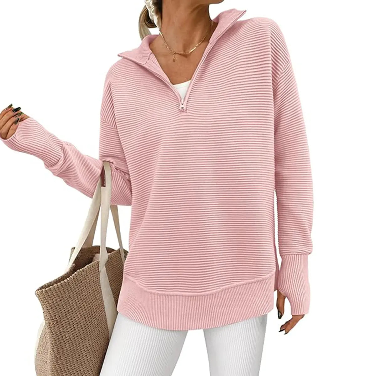 Women's Long Sleeve Quarter Zip Pullover Sweater Casual Loose V Neck Collared Ribbed Knit Jumper Tops