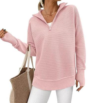 Women's Long Sleeve Quarter Zip Pullover Sweater Casual Loose V Neck Collared Ribbed Knit Jumper Tops