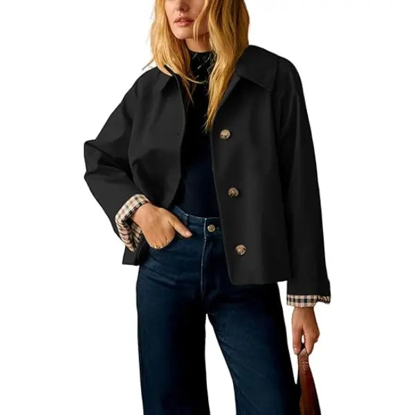 Women's Cropped Trench Jacket – Oversized Casual Coat with Checkered Cuffs