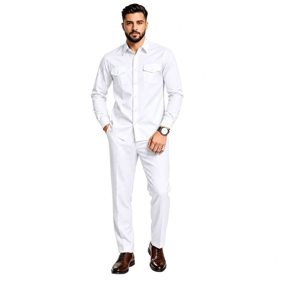 Men Two Piece Polyester Shirt Pants Set