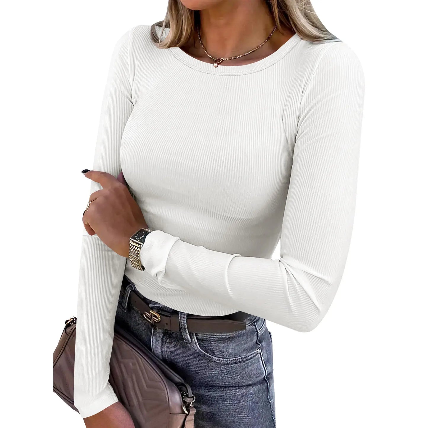 Women's Ribbed Long Sleeve Crewneck Top – Slim Fit Basic Tee