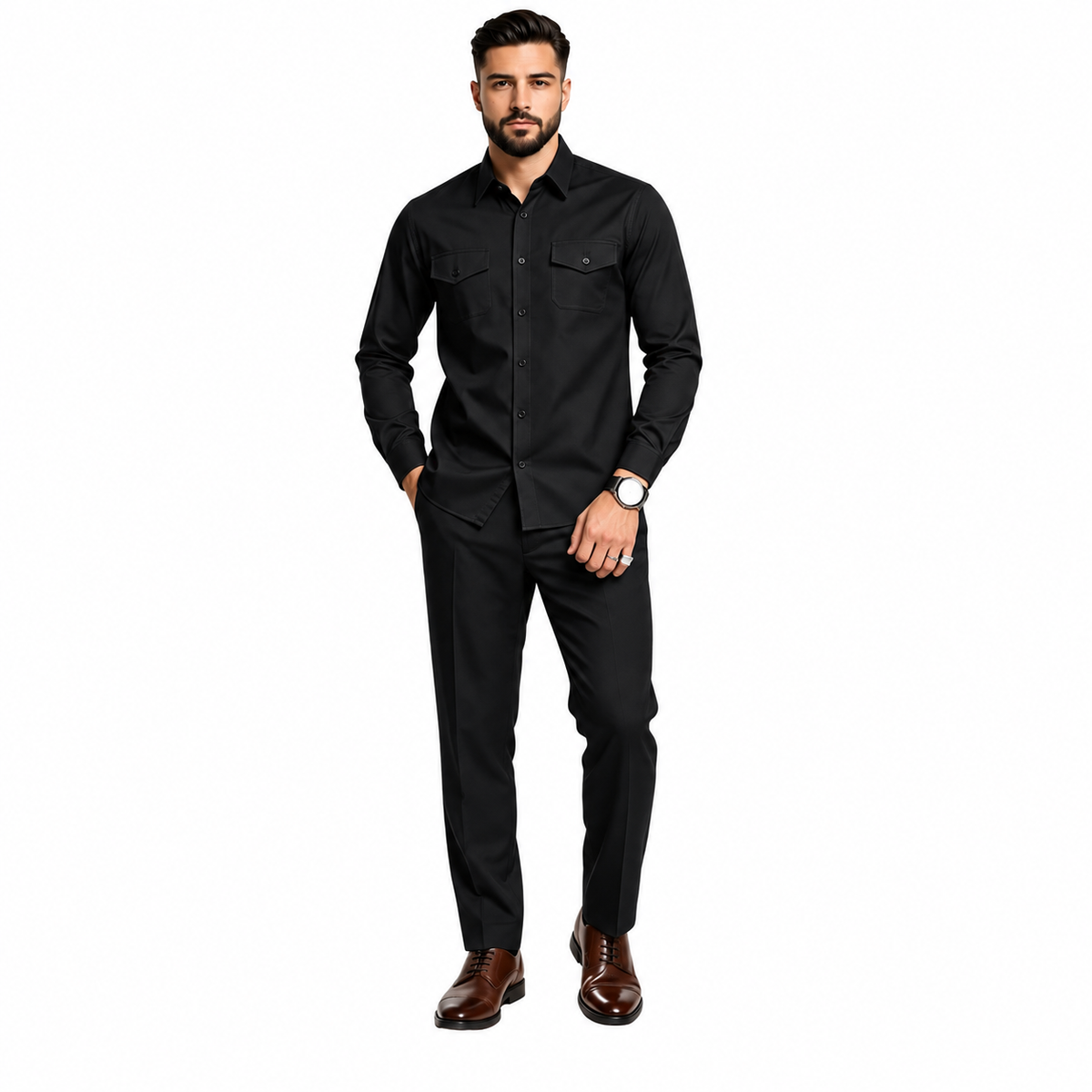 Men Two Piece Polyester Shirt Pants Set