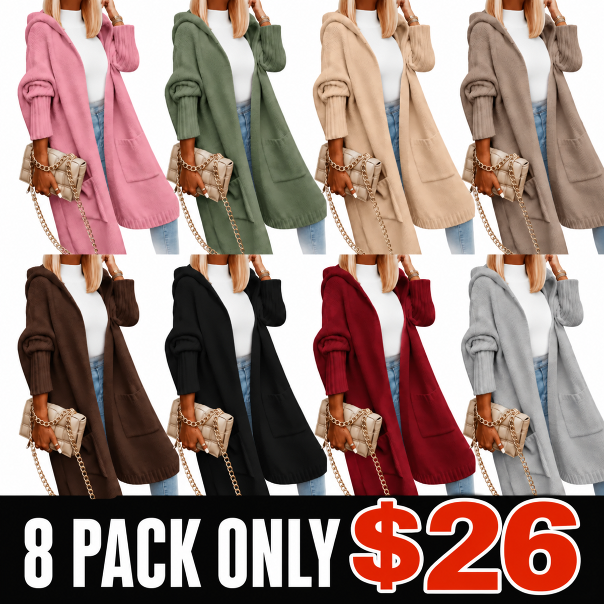 Hooded Long Cardigan Sweater Coat – 8-Color Bundle