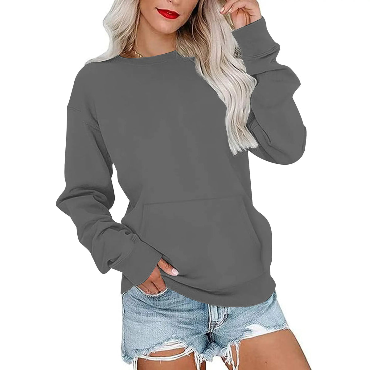 Women's Oversized Crewneck Sweatshirt with Kangaroo Pocket | Soft Fleece Pullover Casual Long Sleeve Top