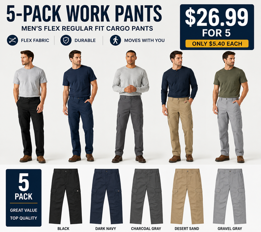 Men's FLEX Regular Fit Cargo Work Pants – Stretch Comfort, Straight Leg & Expandable Pockets