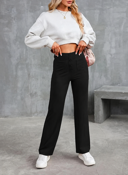 Women's High-Waisted Stretch Pants – Comfortable Straight-Leg Pants with Pockets