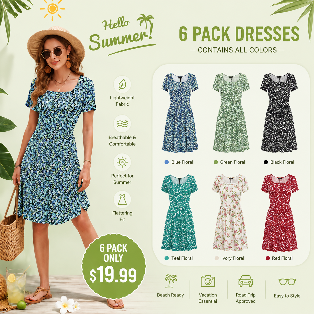 Women Square Neck Ditsy Floral Dress, Ruffle Empire Waist A-Line Sundress With Pockets
