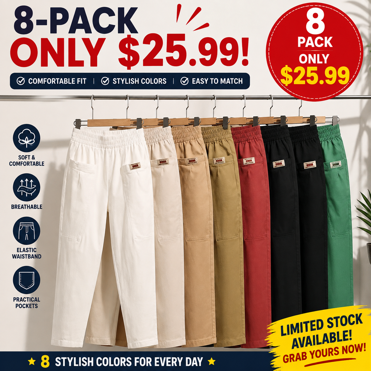 🎁Limited time 50% OFF⏳Good Gift🎉Women's Elastic Waist Cotton Trousers