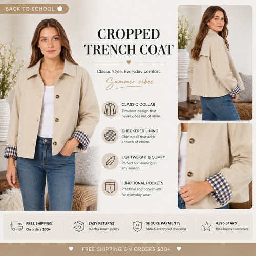 Women's Cropped Trench Jacket – Oversized Casual Coat with Checkered Cuffs