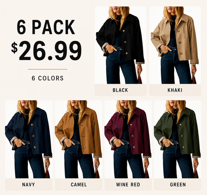 Women's Cropped Trench Jacket – Oversized Casual Coat with Checkered Cuffs