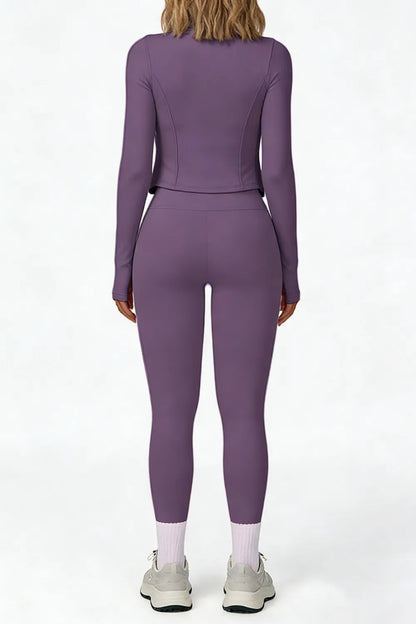 Women's tank top, high-waisted leggings, and zip-up jacket 3-piece sportswear set.
