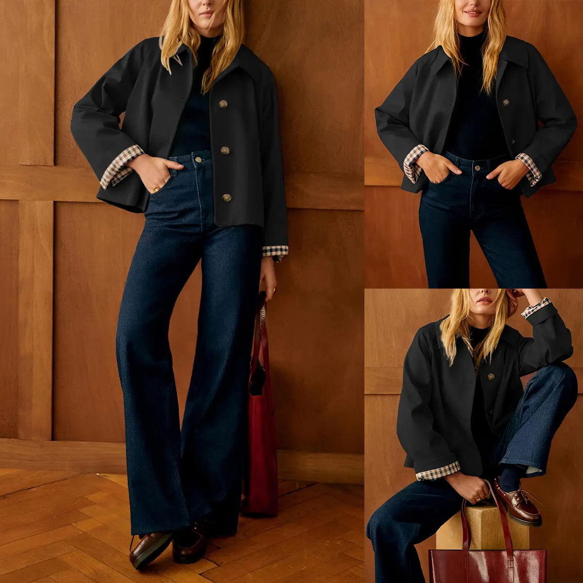 Women's Cropped Trench Jacket – Oversized Casual Coat with Checkered Cuffs