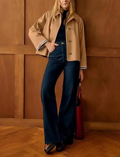 Women's Cropped Trench Jacket – Oversized Casual Coat with Checkered Cuffs