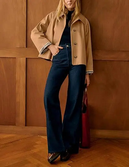 Women's Cropped Trench Jacket – Oversized Casual Coat with Checkered Cuffs