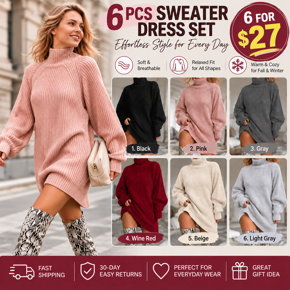 🍂Autumn Hot Sale🔥Women's Cozy Turtleneck Knit Sweater Dress