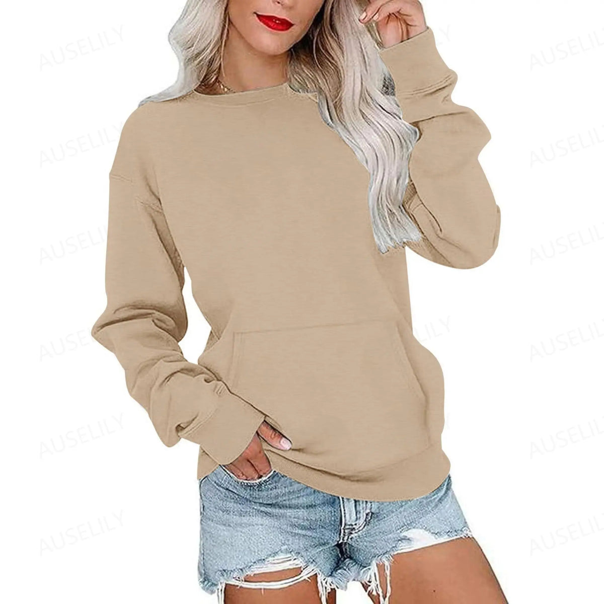 Women's Oversized Crewneck Sweatshirt with Kangaroo Pocket | Soft Fleece Pullover Casual Long Sleeve Top