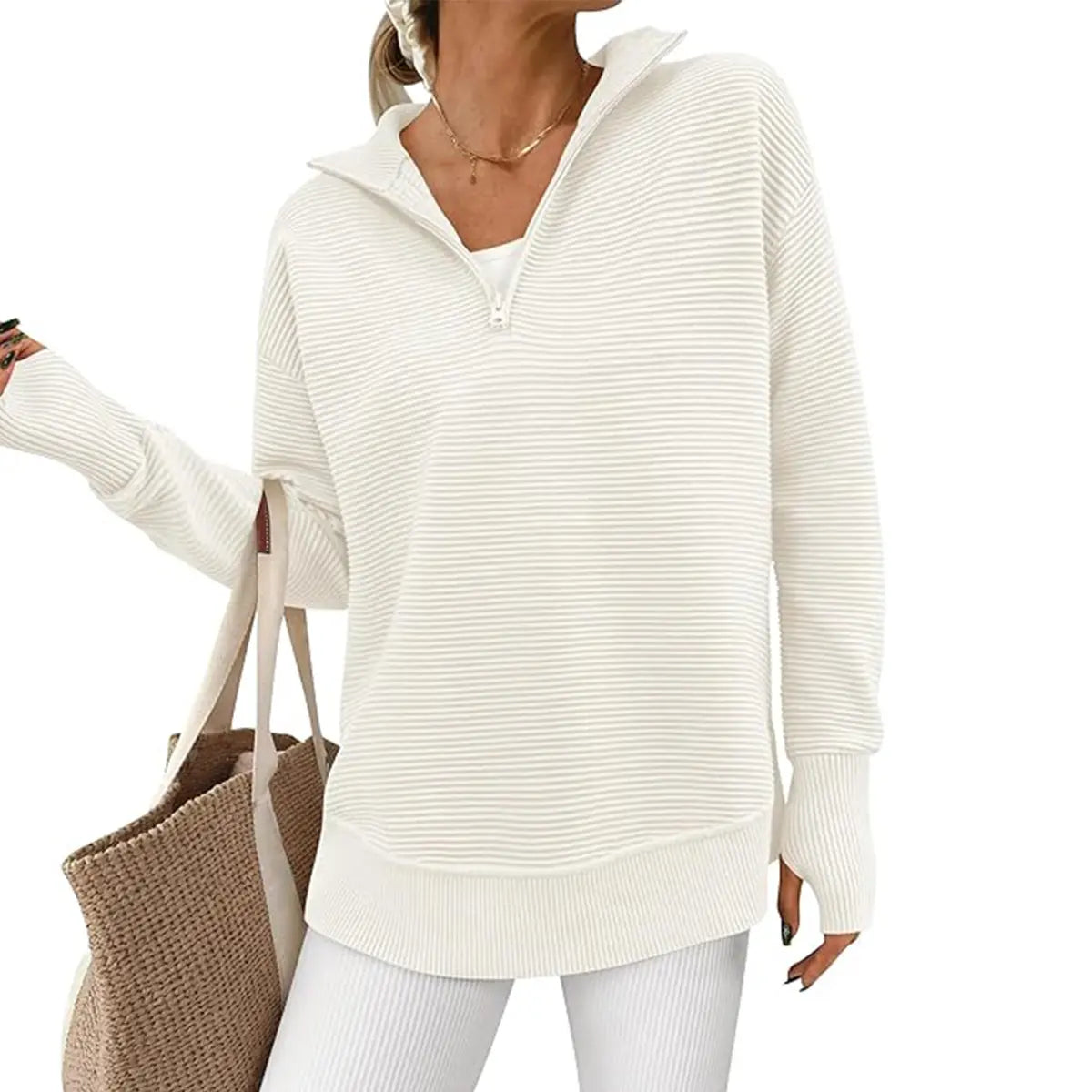 Women's Long Sleeve Quarter Zip Pullover Sweater Casual Loose V Neck Collared Ribbed Knit Jumper Tops