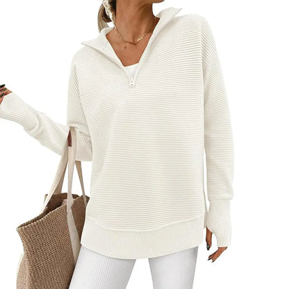 Women's Long Sleeve Quarter Zip Pullover Sweater Casual Loose V Neck Collared Ribbed Knit Jumper Tops
