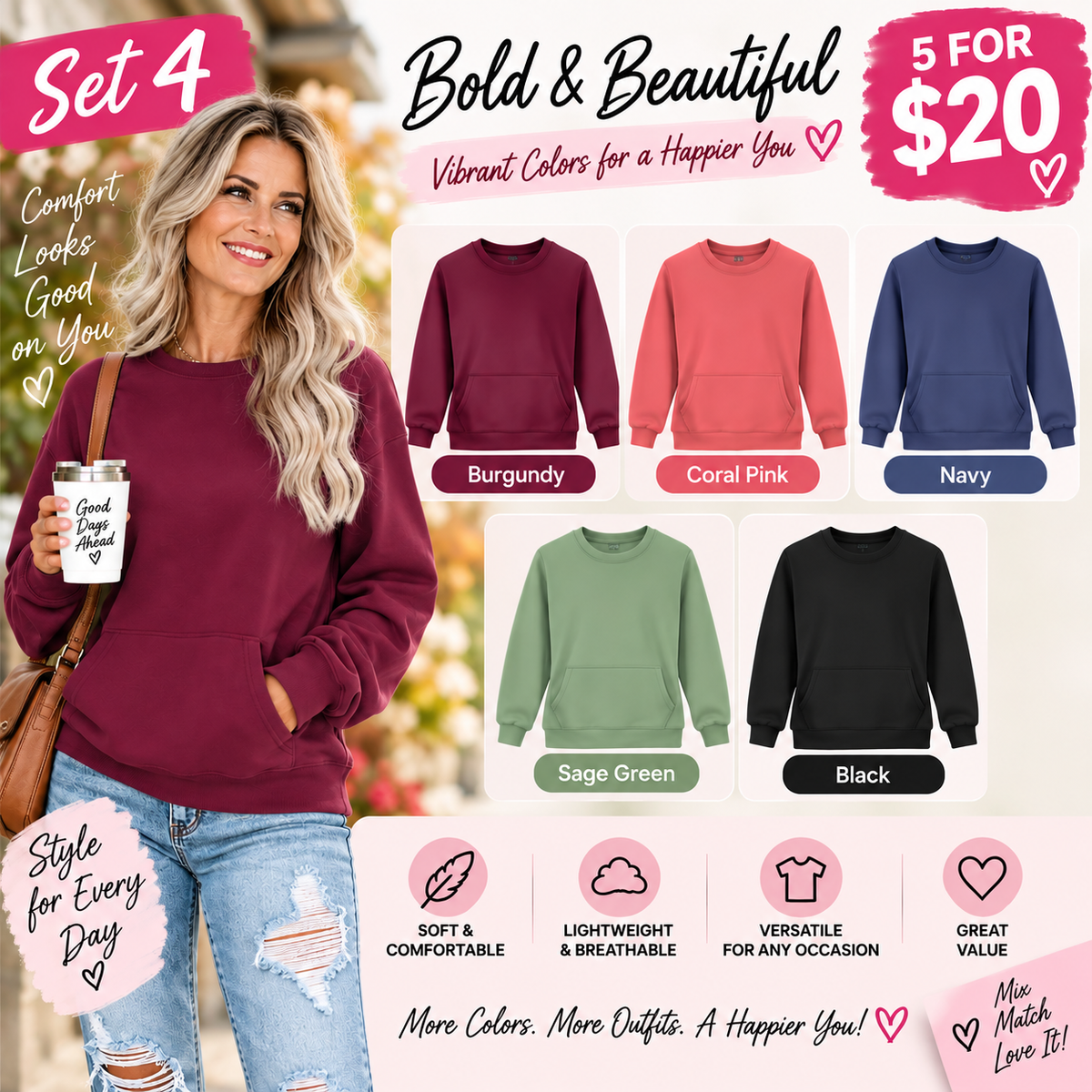 Women's Oversized Crewneck Sweatshirt with Kangaroo Pocket | Soft Fleece Pullover Casual Long Sleeve Top