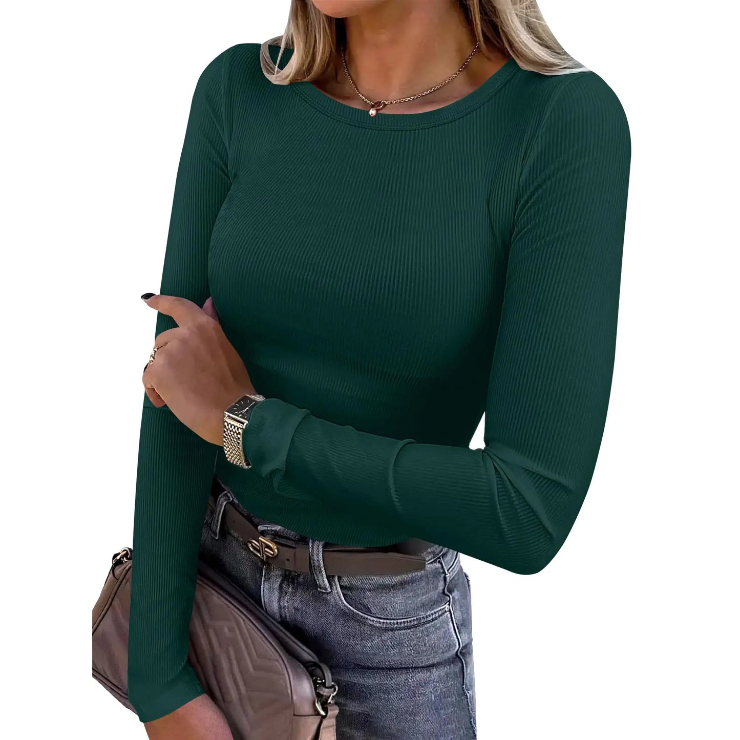 Women's Ribbed Long Sleeve Crewneck Top – Slim Fit Basic Tee