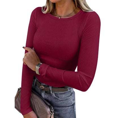 Women's Ribbed Long Sleeve Crewneck Top – Slim Fit Basic Tee