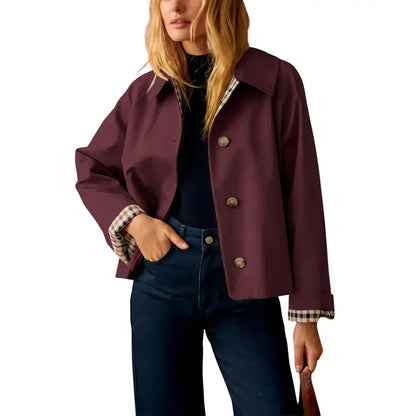 Women's Cropped Trench Jacket – Oversized Casual Coat with Checkered Cuffs