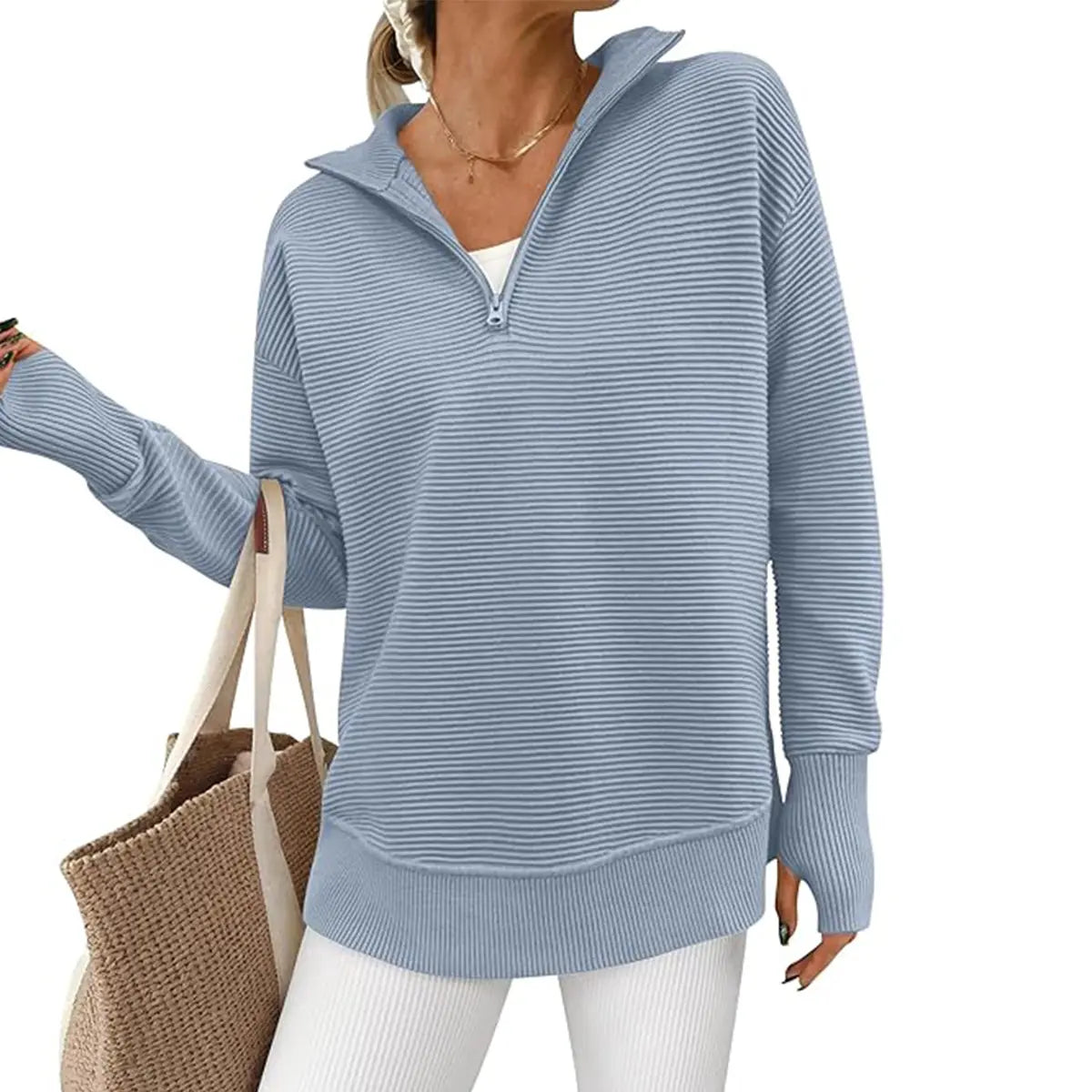 Women's Long Sleeve Quarter Zip Pullover Sweater Casual Loose V Neck Collared Ribbed Knit Jumper Tops