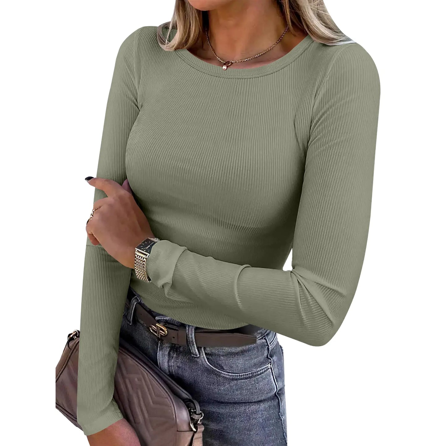 Women's Ribbed Long Sleeve Crewneck Top – Slim Fit Basic Tee
