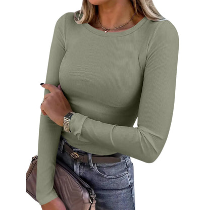 Women's Ribbed Long Sleeve Crewneck Top – Slim Fit Basic Tee