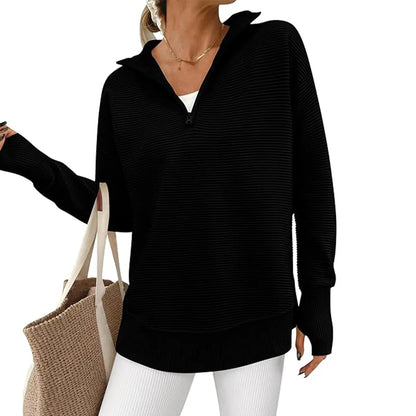 Women's Long Sleeve Quarter Zip Pullover Sweater Casual Loose V Neck Collared Ribbed Knit Jumper Tops