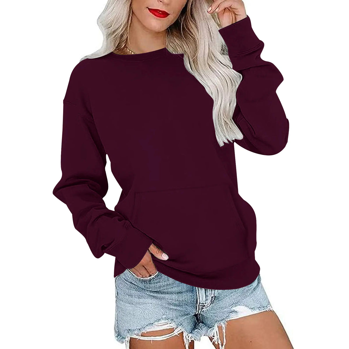 Women's Oversized Crewneck Sweatshirt with Kangaroo Pocket | Soft Fleece Pullover Casual Long Sleeve Top