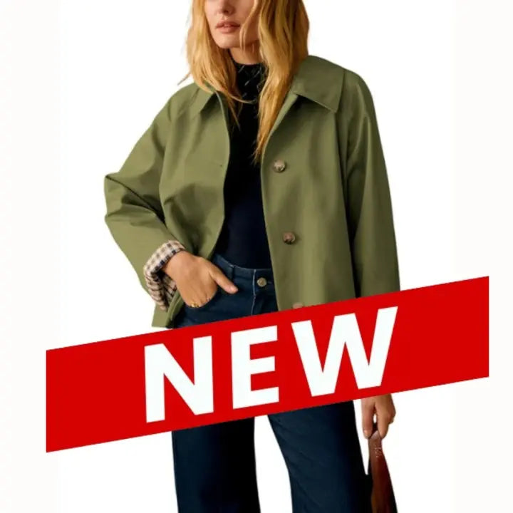 Women's Cropped Trench Jacket – Oversized Casual Coat with Checkered Cuffs