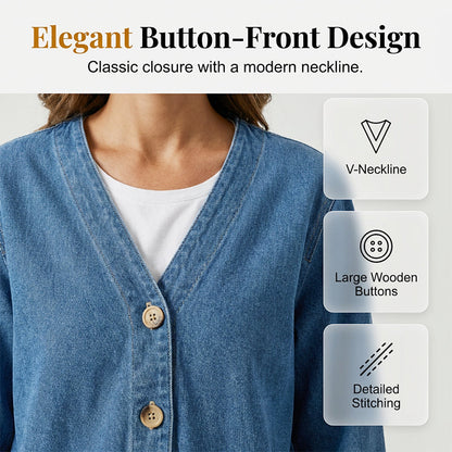 🧥 50% OFF NOW! ✨ Women's Classic Button Front Denim Jacket – V-Neck, Breathable Fabric & Relaxed Fit 💙