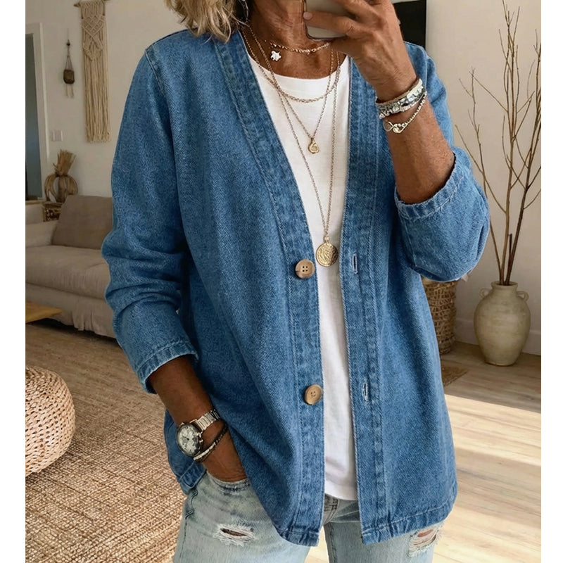 🧥 50% OFF NOW! ✨ Women's Classic Button Front Denim Jacket – V-Neck, Breathable Fabric & Relaxed Fit 💙