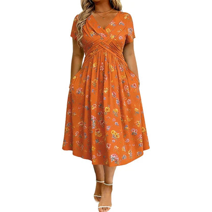Floral V-neck dress with a twist at the waist- elegant and casual for any occasion