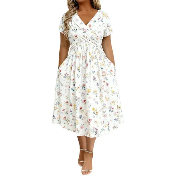 Floral V-neck dress with a twist at the waist- elegant and casual for any occasion
